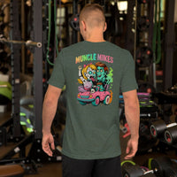 Back view of heather forest Monster Rods 016 unisex T-shirt