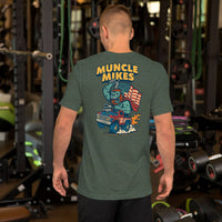 Back view of heather forest Monster Rods 018 unisex T-shirt