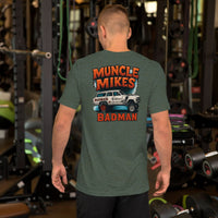 Back view of heather forest BADMAN Wagon unisex T-shirt