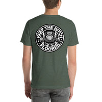 Back view of heather forest Keep It Floored unisex T-shirt