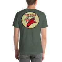 Back view of heather forest Fire Chief Vintage Gas and Oil unisex T-shirt