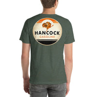 Back view of heather forest Hancock Gasoline Vintage Gas and Oil unisex T-shirt