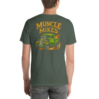 Back view of heather forest Rat Rod Truck 002 unisex T-shirt