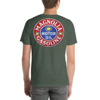 Back view of heather forest Magnolia Oil and Gas Vintage Gas and Oil unisex T-shirt