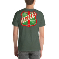 Back view of heather forest Arista Motor Oil Vintage Gas and Oil unisex T-shirt