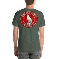 Back view of heather forest White Eagle Vintage Gas and Oil unisex T-shirt