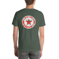 Back view of heather forest TEXACO Vintage Gas and Oil unisex T-shirt