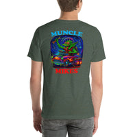 Back view of heather forest Monster Rods 019 unisex T-shirt