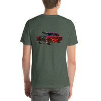 Back view of heather forest Hot Rod 001 unisex T-shirt