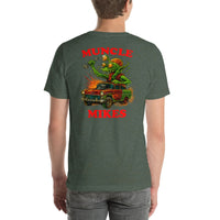 Back view of heather forest Monster Rods 021 unisex T-shirt