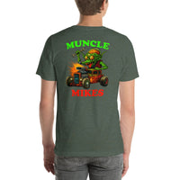 Back view of heather forest Hot Rods and Monsters 022 unisex T-shirt