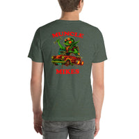 Back view of heather forest Monster Rods 024 unisex T-shirt