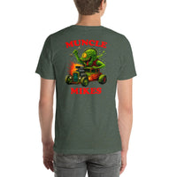 Back view of heather forest Monster Rods 025 unisex T-shirt