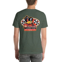 Back view of heather forest Speed Shop 001 unisex T-shirt