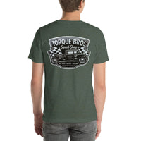 Back view of heather forest Speed Shop 002 unisex T-shirt