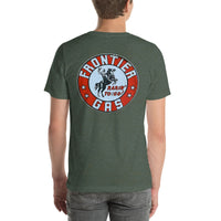Back view of heather forest Frontier Gas Vintage Gas and Oil unisex T-shirt