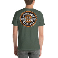 Back view of heather forest Johnson Gas Vintage Gas and Oil unisex T-shirt