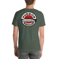 Back view of heather forest Hudson Gas Vintage Gas and Oil unisex T-shirt