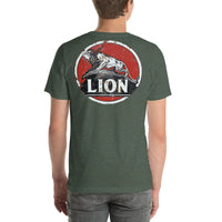 Back view of heather forest Lion Gas Vintage Gas and Oil unisex T-shirt