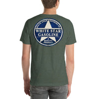 Back view of heather forest White Star Gasoline Vintage Gas and Oil unisex T-shirt