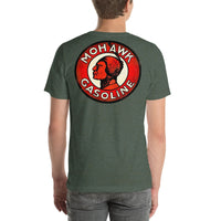Back view of heather forest Mohawk Gasoline Vintage Gas and Oil unisex T-shirt