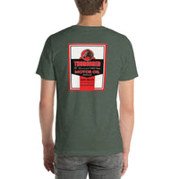 Back view of heather forest Thorobread Oil Vintage Gas and Oil unisex T-shirt