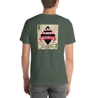 Back view of heather forest Black Diamond Motor Oil Vintage Gas and Oil unisex T-shirt