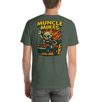 Back view of heather forest Monster Rods 028 unisex T-shirt