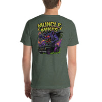 Back view of heather forest Monster Rods 029 unisex T-shirt
