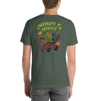 Back view of heather forest Monster Rods 030 unisex T-shirt