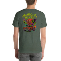 Back view of heather forest Monster Rods 031 unisex T-shirt