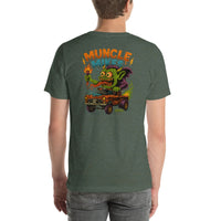 Back view of heather forest Monster Rods 033 unisex T-shirt