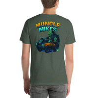 Back view of heather forest Monster Rods 038 unisex T-shirt