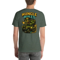 Back view of heather forest Monster Rods 040 unisex T-shirt