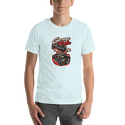 Turn Up the Garage Radio mechanic T-shirt, Heather Ice Blue front mockup