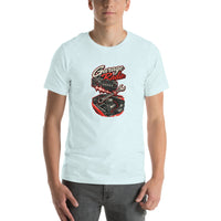 Turn Up the Garage Radio mechanic T-shirt, Heather Ice Blue front mockup