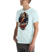 Rev Match Rita hot-rod T-shirt, Heather Ice Blue left front mockup