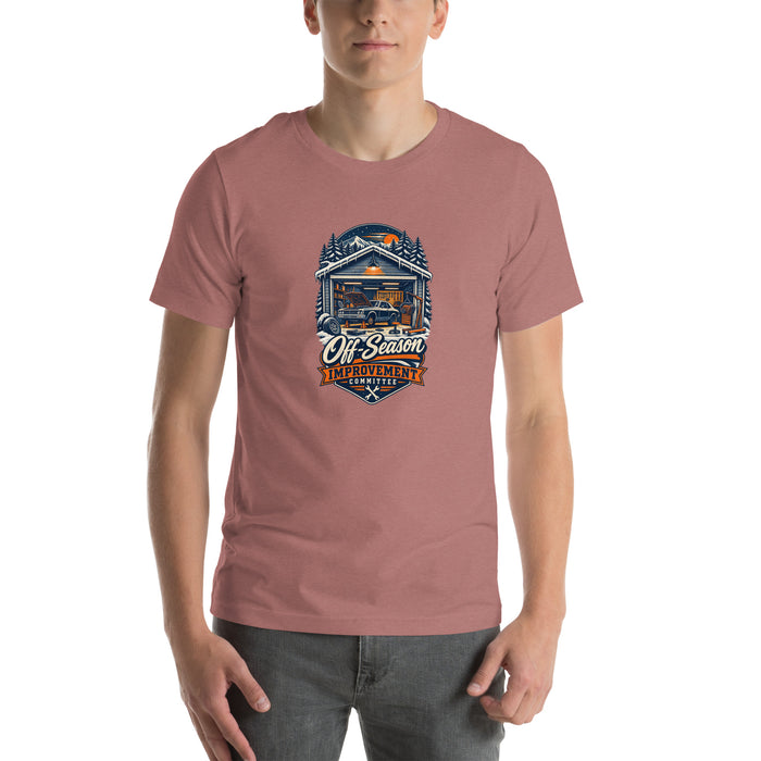 Off-Season Improvement Committee garage T-shirt, Heather Mauve front mockup
