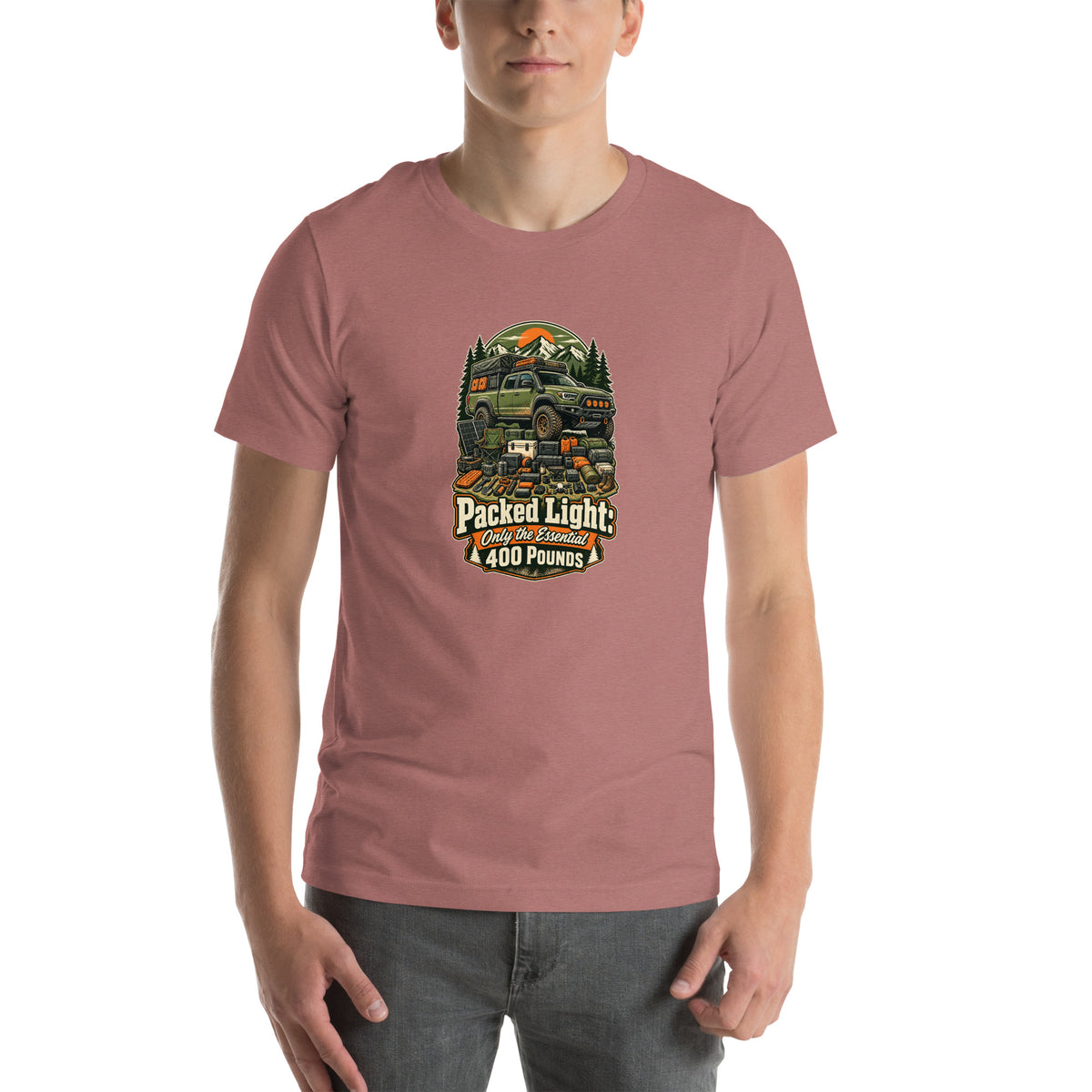 Packed Light—Only 400 Pounds road-trip T-shirt, Heather Mauve front mockup