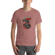 Turn Up the Garage Radio mechanic T-shirt, Heather Mauve front mockup