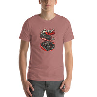 Turn Up the Garage Radio mechanic T-shirt, Heather Mauve front mockup