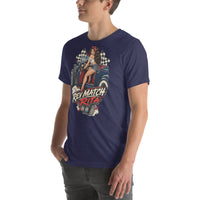 Rev Match Rita hot-rod T-shirt, Heather Midnight Navy left front mockup