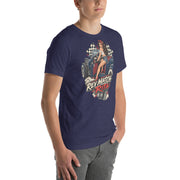 Rev Match Rita hot-rod T-shirt, Heather Midnight Navy right front mockup