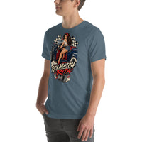 Rev Match Rita hot-rod T-shirt, Heather Slate left front mockup