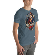 Rev Match Rita hot-rod T-shirt, Heather Slate right front mockup