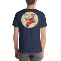 Back view of navy Fire Chief Vintage Gas and Oil unisex T-shirt