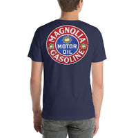 Back view of navy Magnolia Oil and Gas Vintage Gas and Oil unisex T-shirt