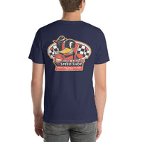 Back view of navy Speed Shop 001 unisex T-shirt
