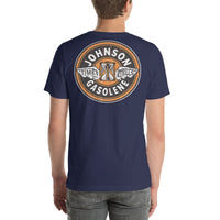 Back view of navy Johnson Gas Vintage Gas and Oil unisex T-shirt