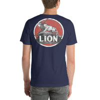 Back view of navy Lion Gas Vintage Gas and Oil unisex T-shirt